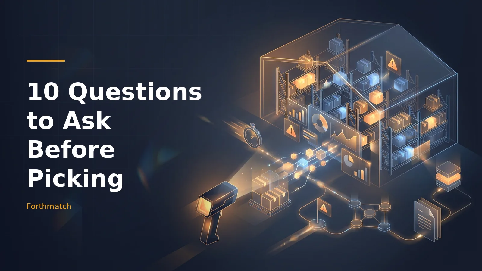 Glowing orange barcode scanner scanning boxes into a wireframe warehouse on a dark blue background. Overlaid text reads “10 Questions to Ask Before Picking” with the Forthmatch wordmark.