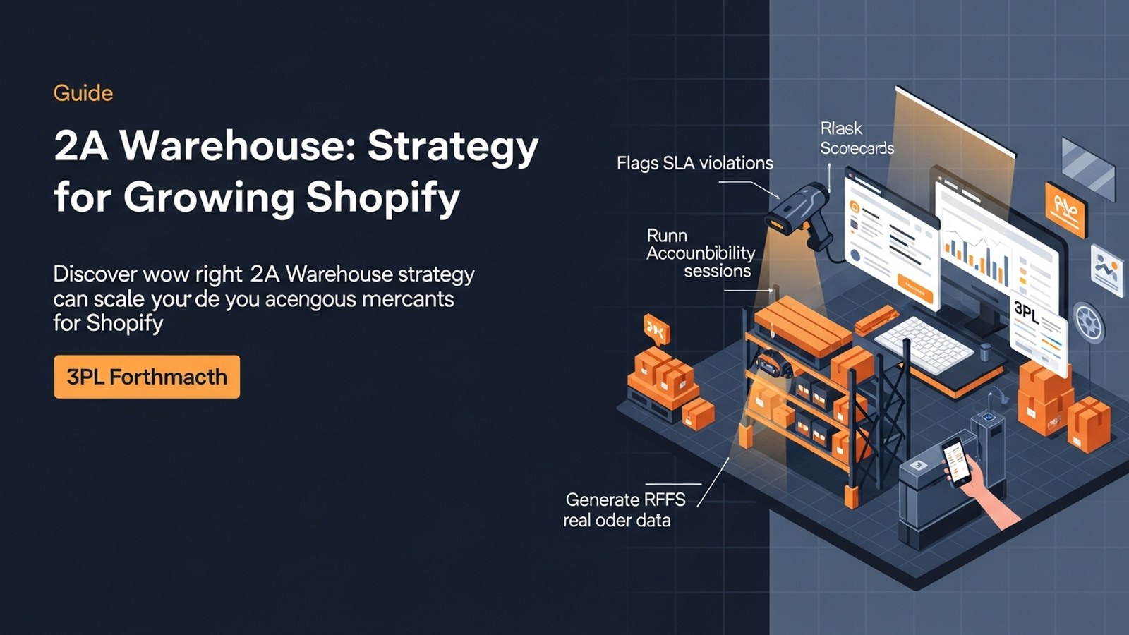 Isometric warehouse cutaway with illuminated aisles, digital dashboards, and glowing scanner highlighting modern fulfillment tech