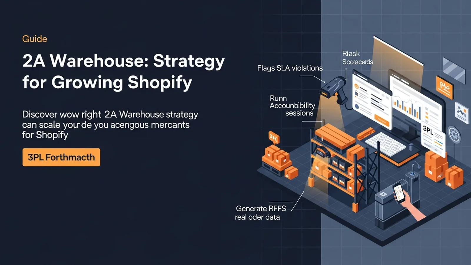 Isometric warehouse cutaway with illuminated aisles, digital dashboards, and glowing scanner highlighting modern fulfillment tech