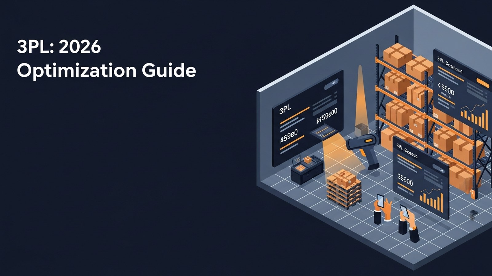 Modern warehouse with automated systems and data analytics displays in warm amber lighting showing 3PL optimization technology