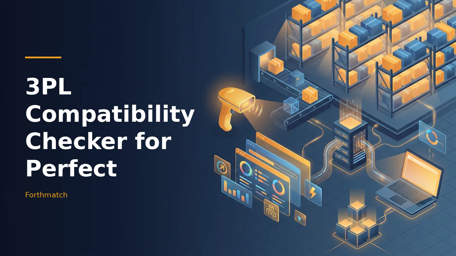 Dark blue isometric warehouse with shelves of boxes, conveyor belt, barcode scanner, server, and laptop. Overlaid text reads “3PL Compatibility Checker for Perfect” with the Forthmatch wordmark.