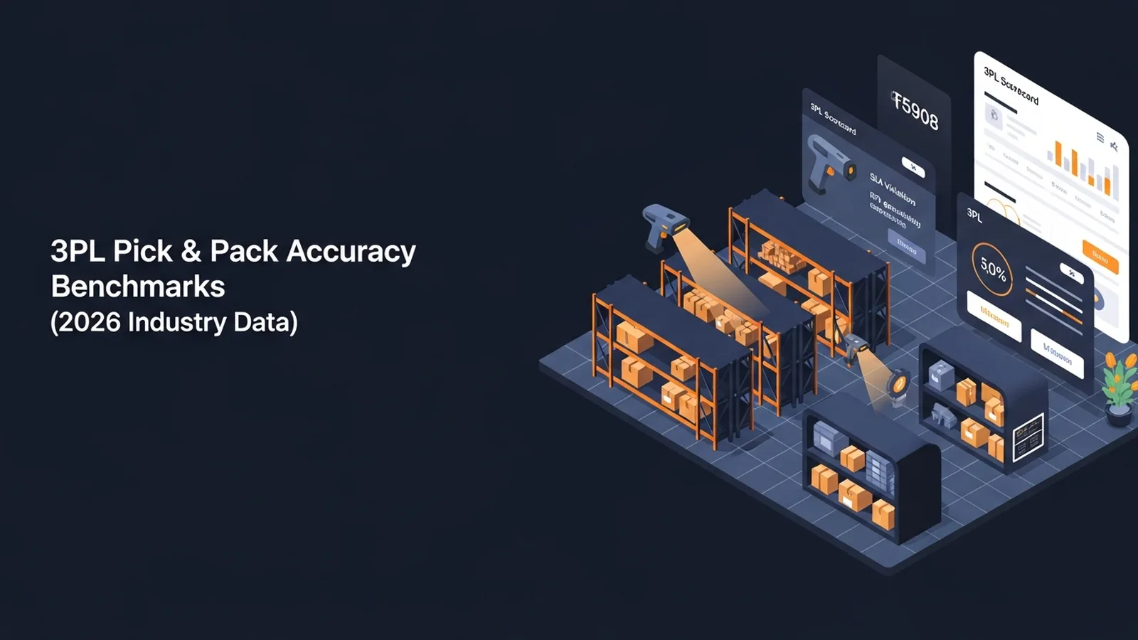 Modern warehouse worker scanning package with handheld device amid organized shelving bathed in warm amber lighting