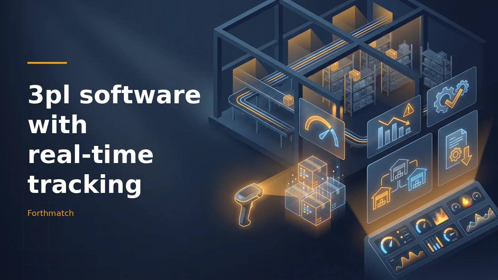 Isometric dark blue warehouse with glowing boxes and screens for 3pl software with real-time tracking. Overlaid text reads “3pl software with real-time tracking”.