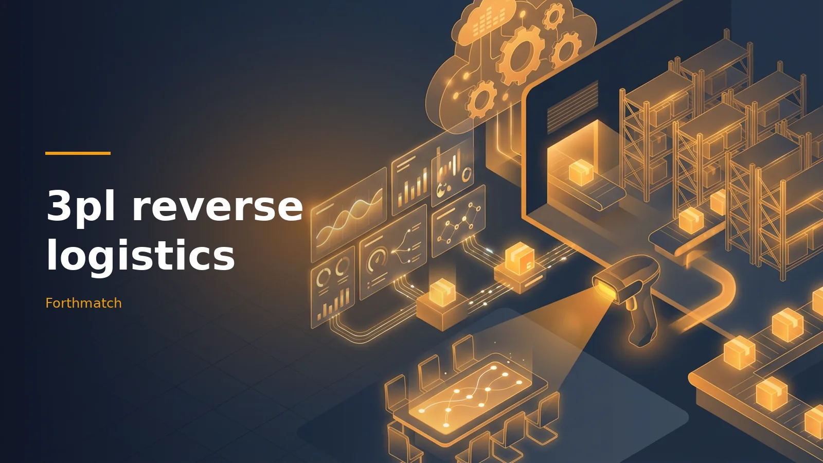 Orange glowing isometric warehouse graphics for 3pl reverse logistics with packages and a barcode scanner. Overlaid text reads “3pl reverse logistics”.