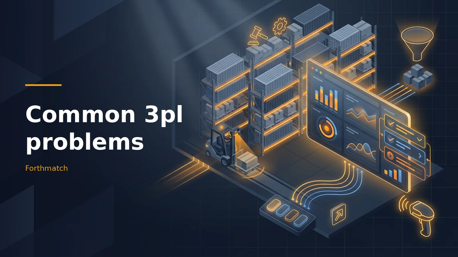 Dark blue isometric warehouse with shelves, a forklift, and a glowing orange dashboard screen. Overlaid text reads “Common 3pl problems” with the Forthmatch wordmark.