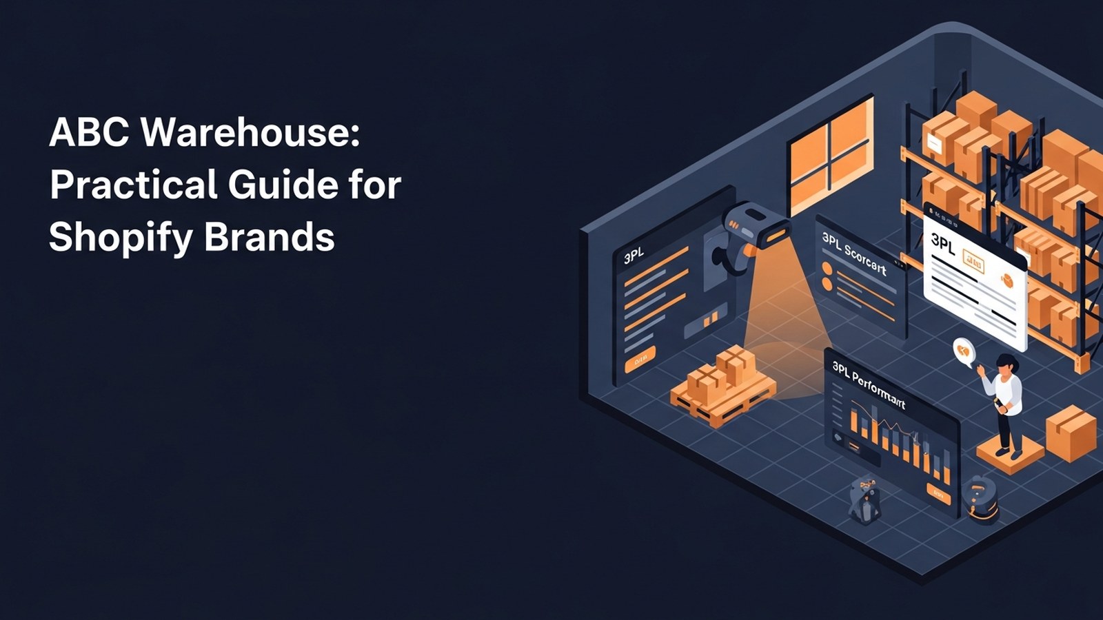 Modern warehouse interior with illuminated scanner and digital dashboard displaying 3PL metrics in isometric view
