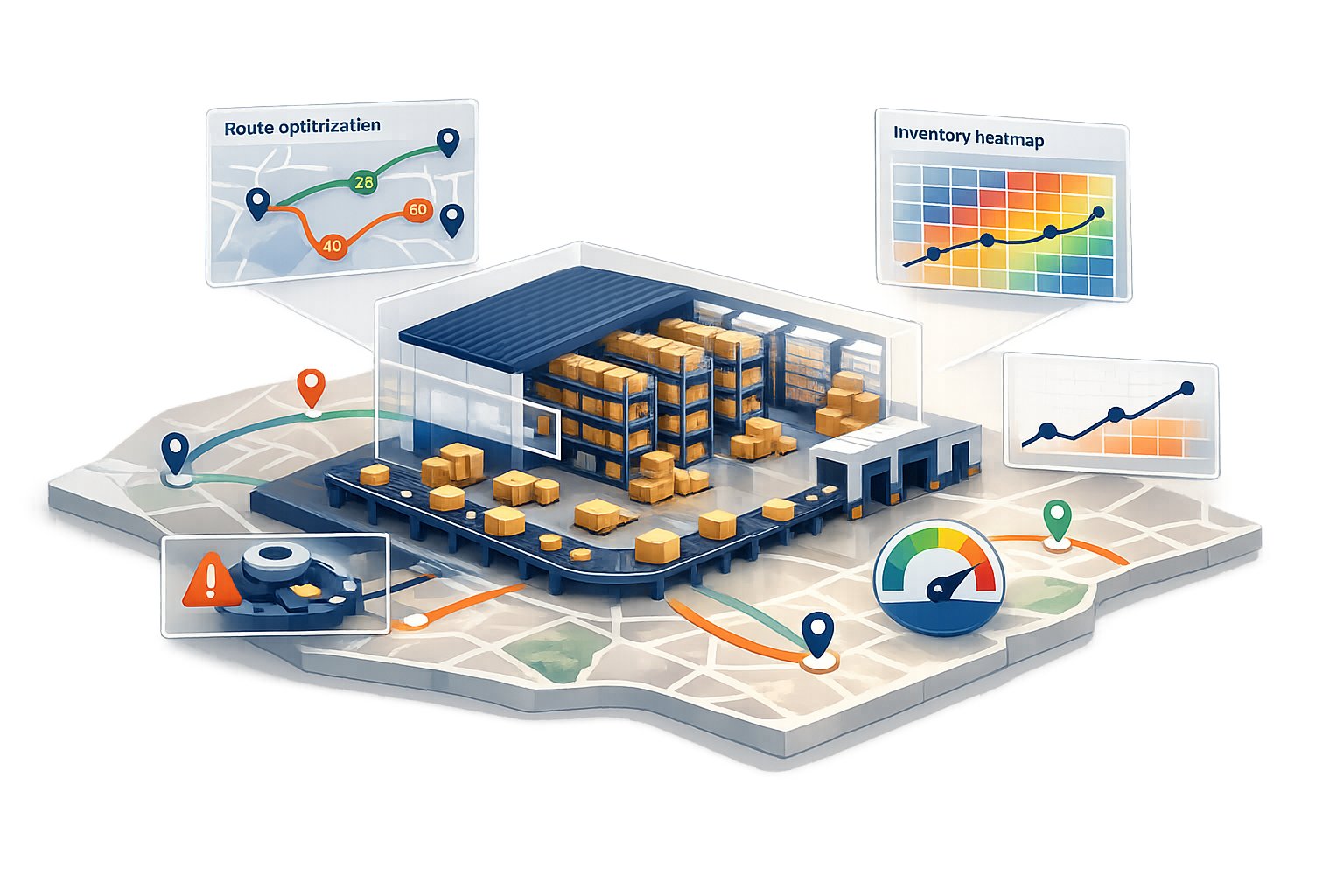 AI in 3PL cost optimization: an abstract illustration showing data flowing through interconnected logistics networks, symbolizing efficiency gains