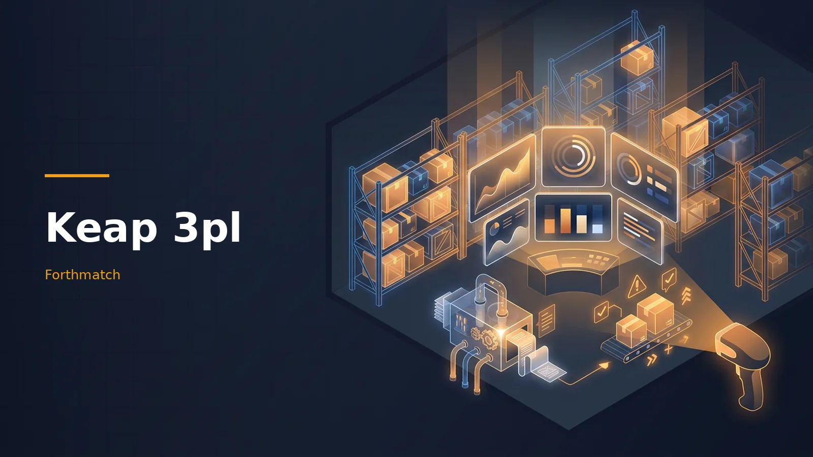 Isometric dark blue warehouse with glowing shelves, data dashboards, conveyor belt, and barcode scanner. Overlaid text reads “Keap 3pl” with the Forthmatch wordmark.
