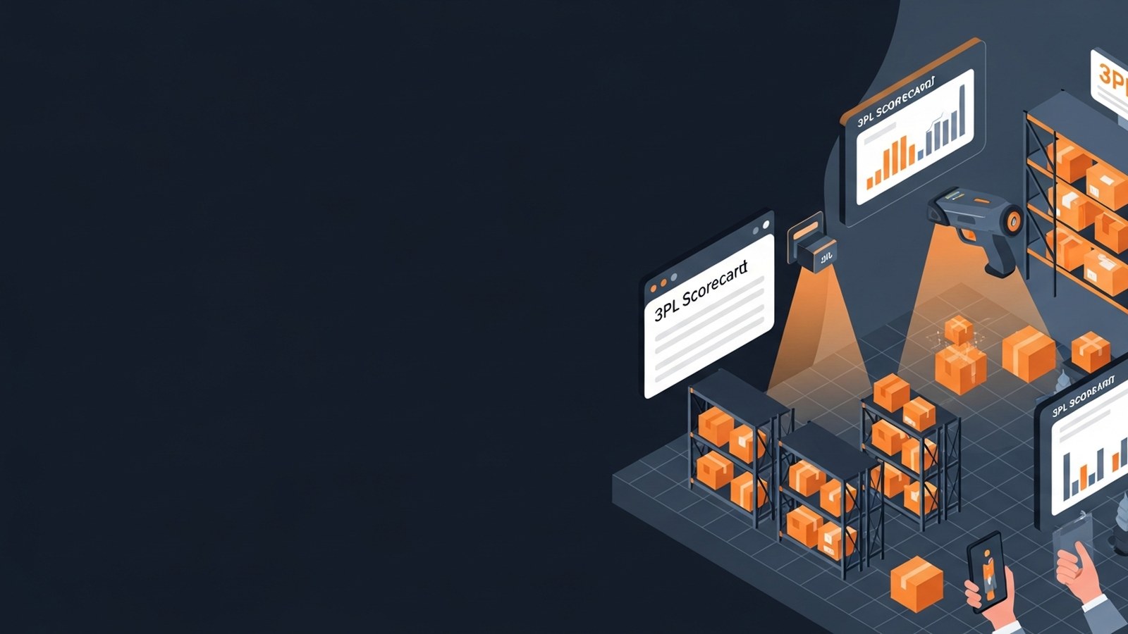 Modern warehouse with automated fulfillment systems and warm amber lighting highlighting organized inventory shelves