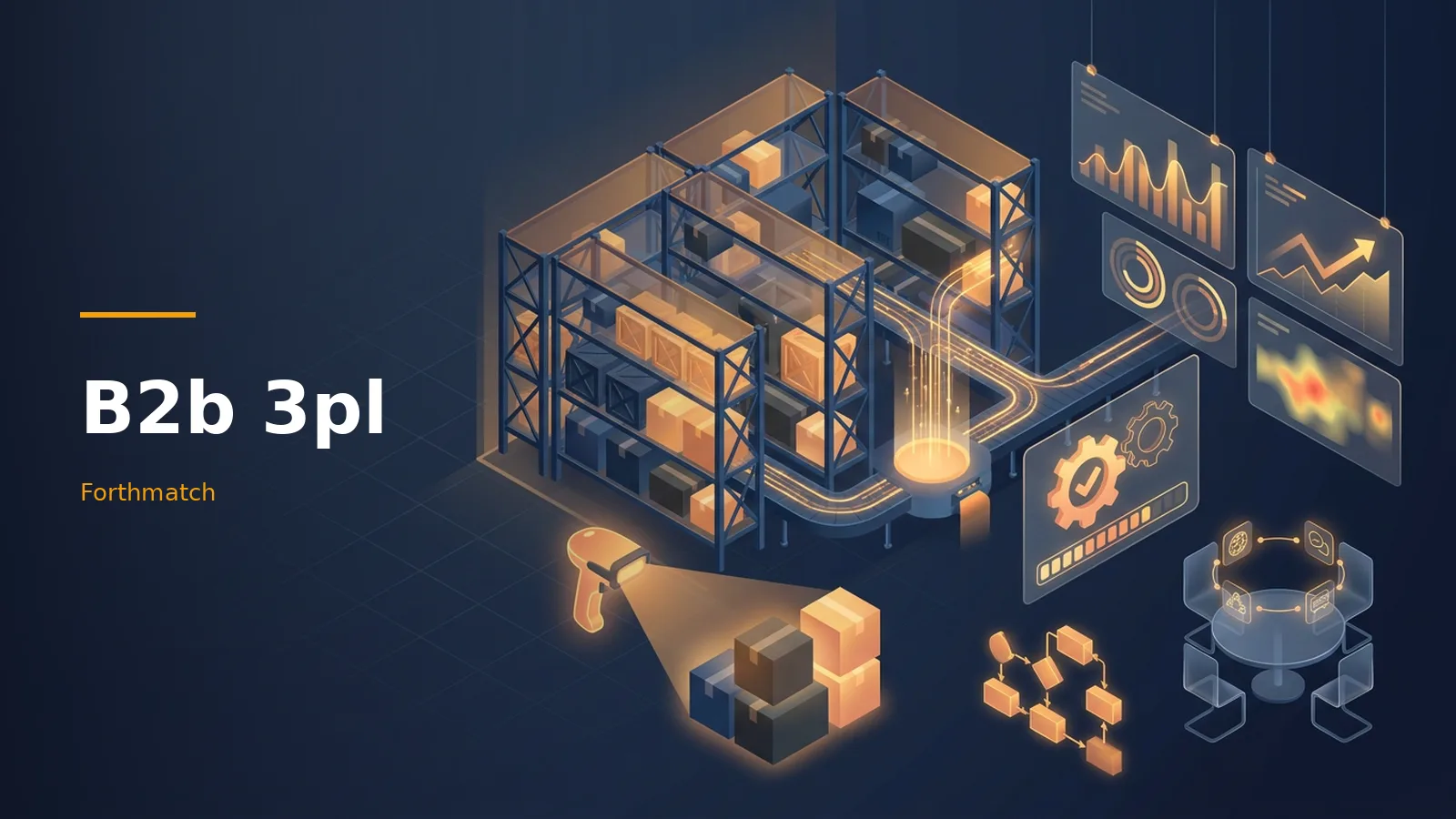 Isometric dark blue warehouse with glowing orange boxes, conveyor belts and B2b 3pl data screens. Overlaid text reads “B2b 3pl”.