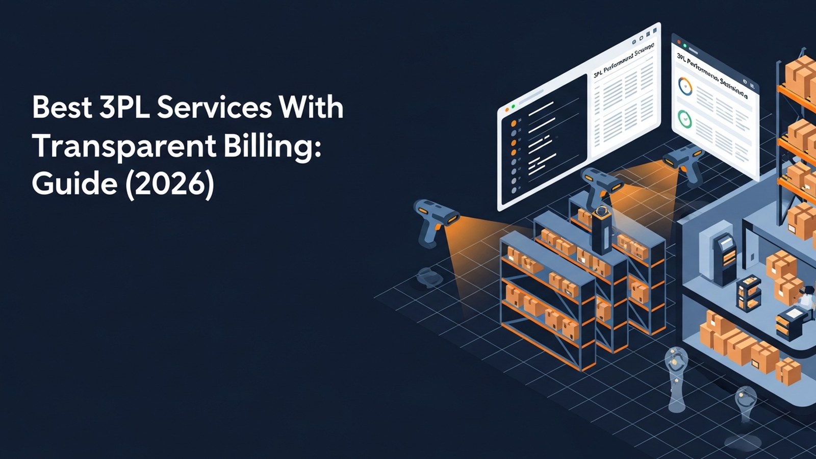 Modern warehouse interior with organized inventory and digital pricing displays in warm amber lighting
