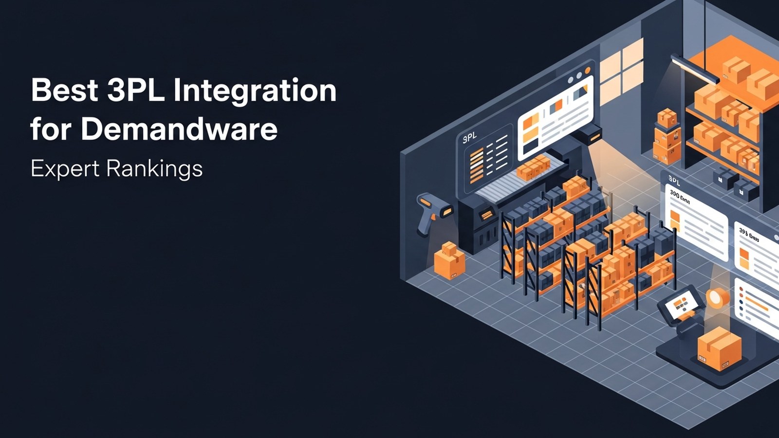 Warehouse worker scanning packages with digital tablet amid glowing amber-lit shelving and automated fulfillment systems