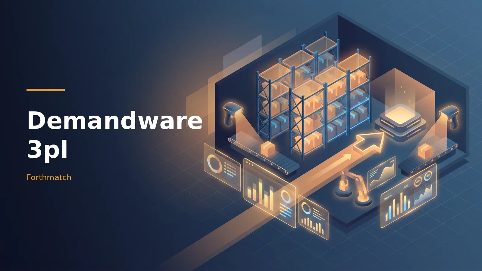 Dark blue isometric warehouse with glowing orange racks, conveyors, and Demandware 3pl screens. Overlaid text reads “Demandware 3pl”.