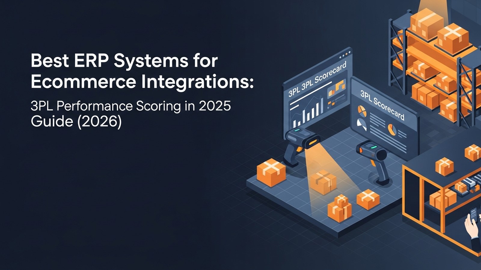 Modern warehouse with integrated technology displays and amber-lit inventory systems showing ecommerce data flows
