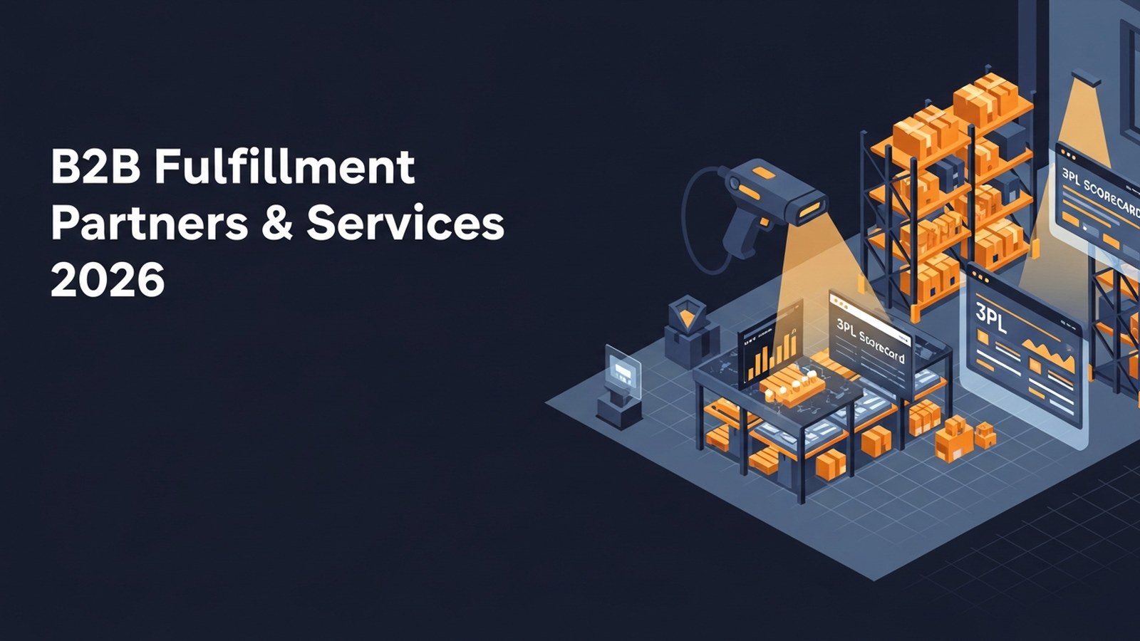 Modern warehouse facility with organized inventory shelves bathed in warm amber lighting and advanced logistics technology