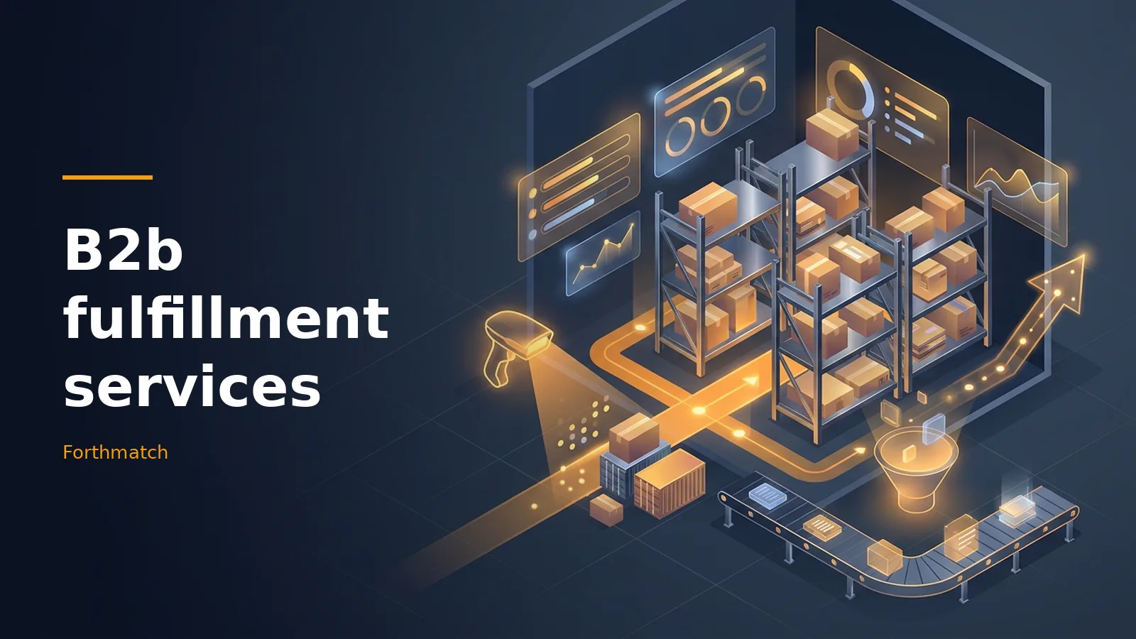 Isometric dark blue and orange warehouse with shelves, boxes, conveyor belts and B2b fulfillment services. Overlaid text reads “B2b fulfillment services”.