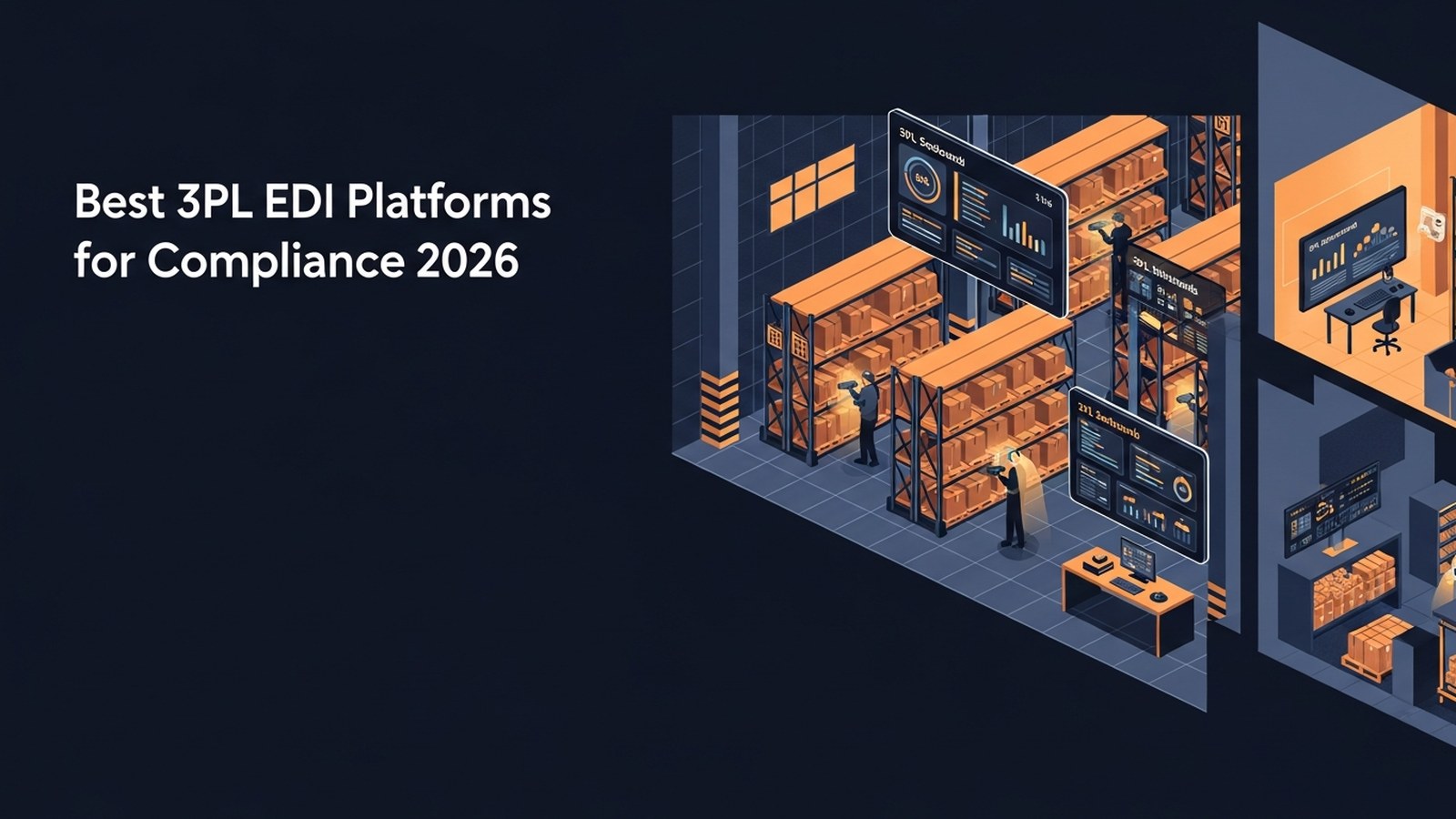 Modern warehouse with digital network overlay and warm amber lighting highlighting automated logistics technology