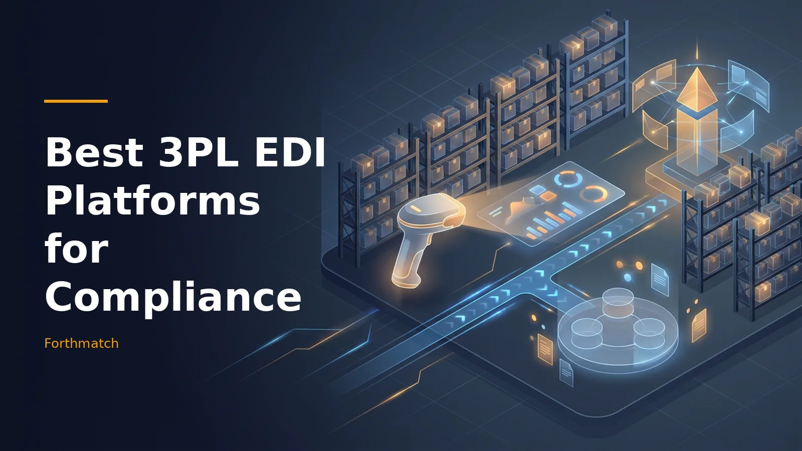 Dark blue isometric warehouse featuring a glowing barcode scanner and floating digital data screens. Overlaid text reads “Best 3PL EDI Platforms for Compliance”.