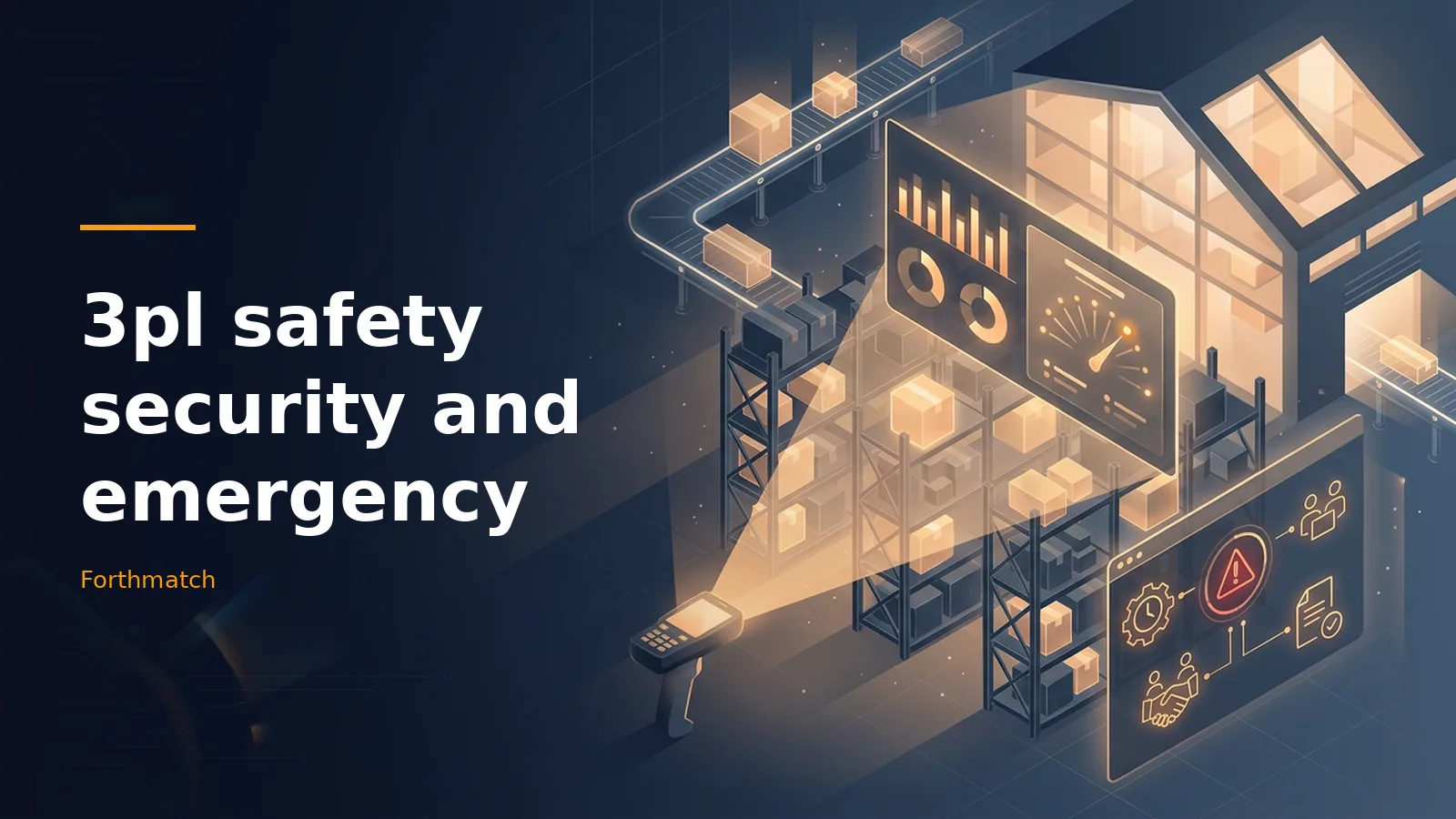 dark blue and amber isometric warehouse with conveyor belts, boxes, and glowing dashboard screens. Overlaid text reads “3pl safety security and emergency”.