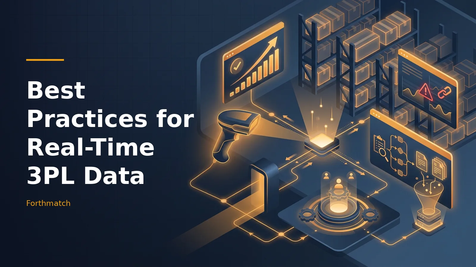 Glowing orange screens, a barcode scanner, and circuit lines in a dark blue isometric warehouse. Overlaid text reads “Best Practices for Real-Time 3PL Data” with the Forthmatch wordmark.