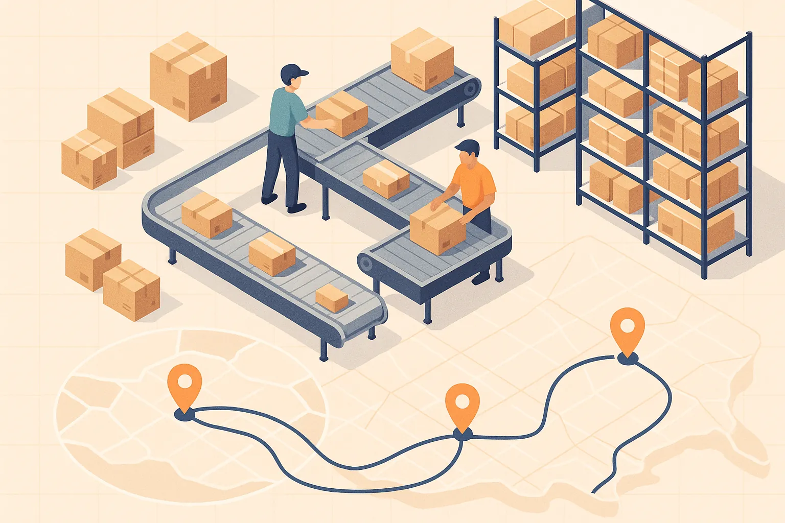Abstract illustration depicting third-party logistics (3PL) with interconnected boxes and arrows symbolizing efficient supply chain management