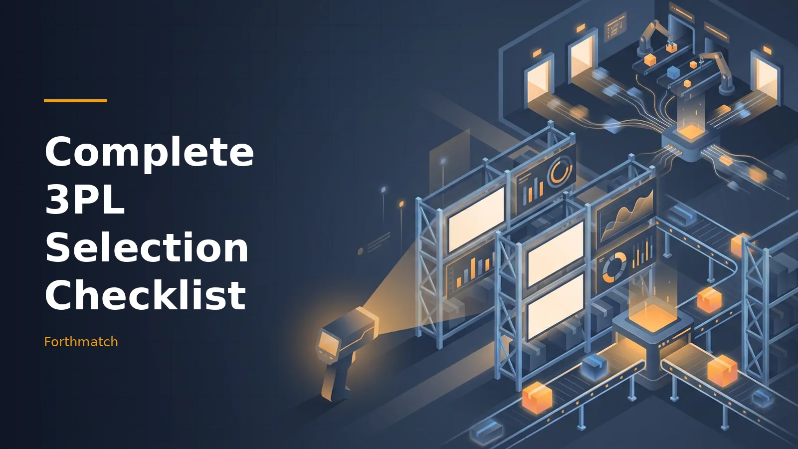 Handheld scanner illuminating boxes, conveyor belts, and digital racks in a dark blue isometric warehouse. Overlaid text reads “Complete 3PL Selection Checklist” with the Forthmatch wordmark.