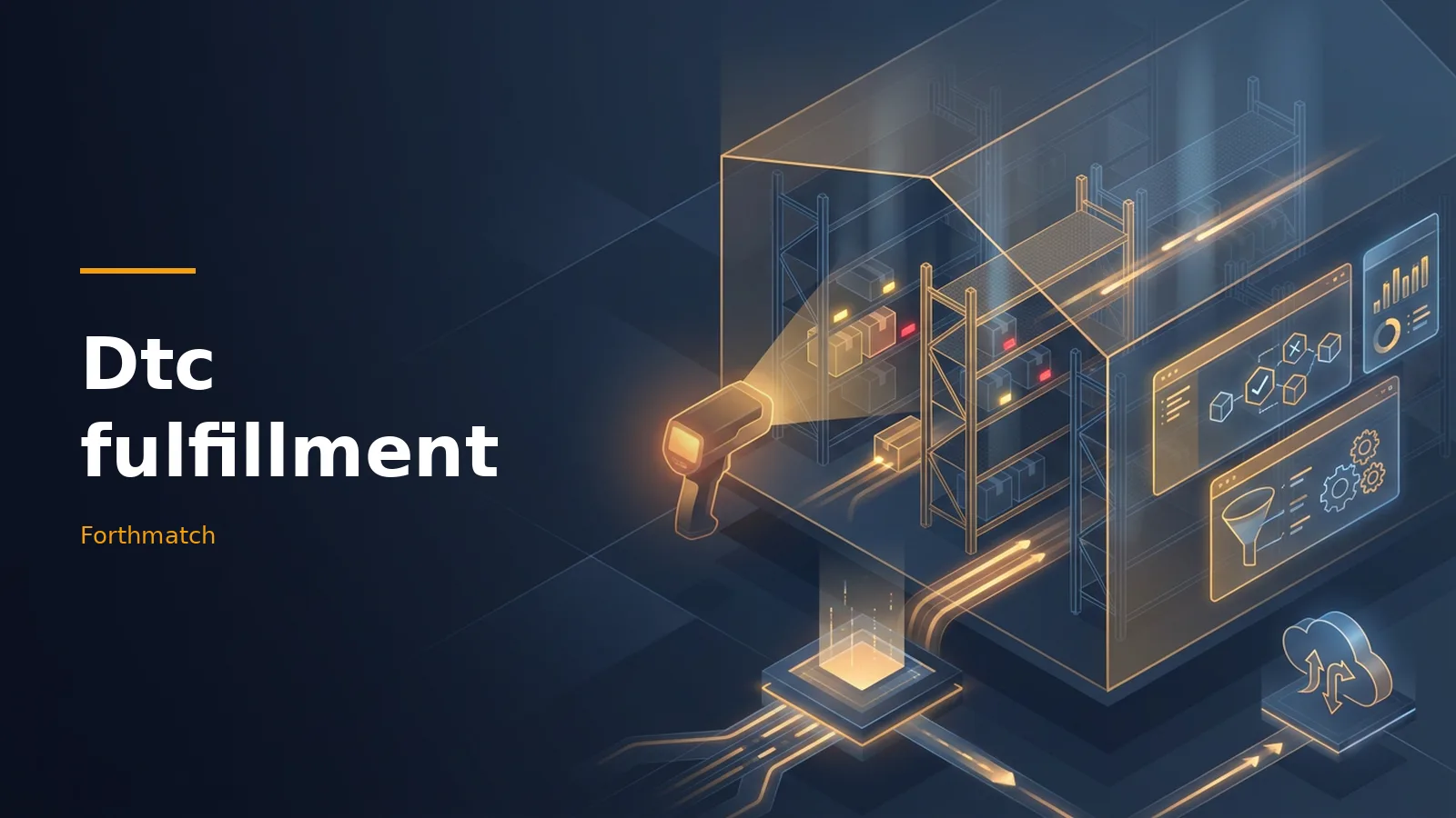 Glowing wireframe warehouse, barcode scanner, and digital dashboards for Dtc fulfillment on dark blue. Overlaid text reads “Dtc fulfillment”.