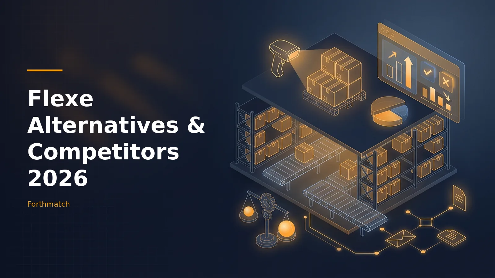 Glowing orange isometric warehouse graphic on dark blue: Flexe Alternatives & Competitors 2026. Overlaid text reads “Flexe Alternatives & Competitors 2026”.