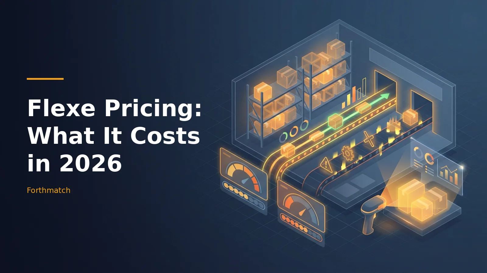 Isometric dark blue warehouse with glowing orange conveyor belts, boxes, and digital dashboards. Overlaid text reads “Flexe Pricing: What It Costs in 2026” with the Forthmatch wordmark.