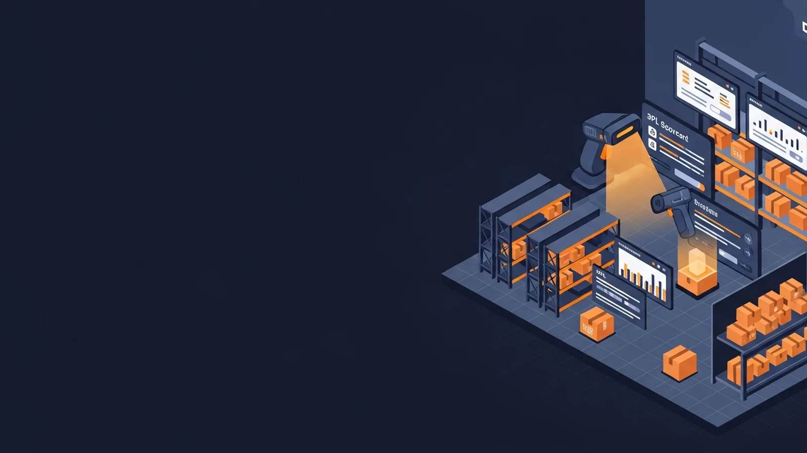 Modern warehouse interior with digital interfaces and warm amber lighting highlighting logistics technology systems