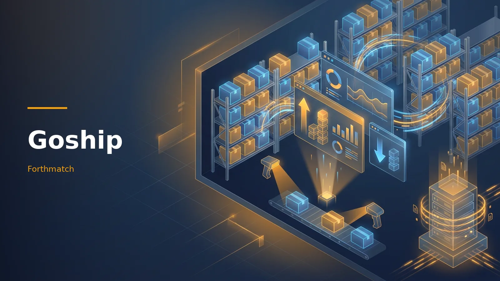 Dark blue Goship digital warehouse with glowing orange boxes, conveyor belt, and analytics screens. Overlaid text reads “Goship”.