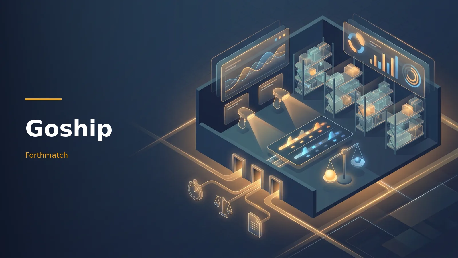Dark blue isometric warehouse with glowing orange dashboards, shelving, barcode scanners, and scales. Overlaid text reads “Goship” with the Forthmatch wordmark.
