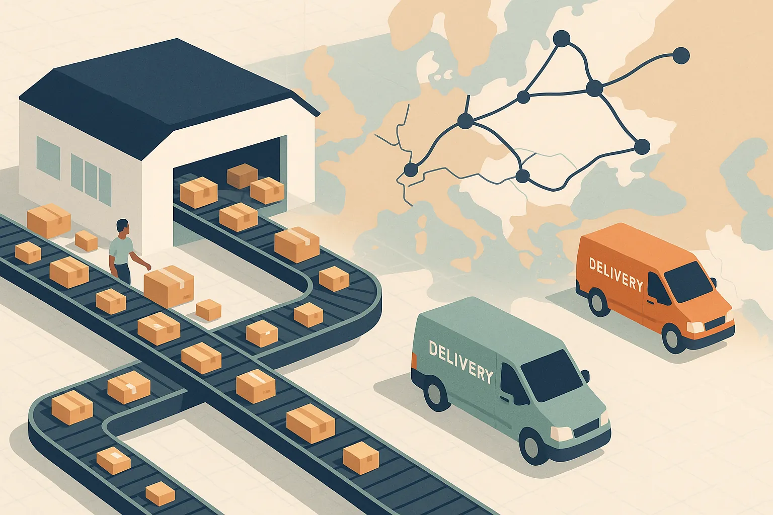 Abstract illustration showing how 3PLs handle last-mile delivery for cross-border orders, with interconnected global shipping routes.