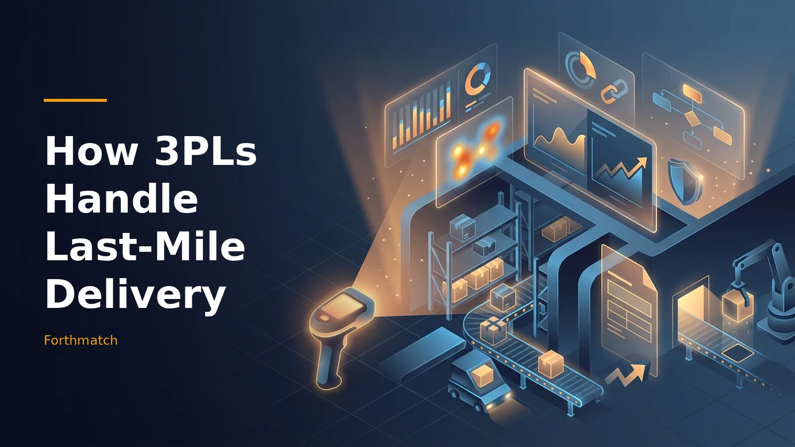 Isometric dark blue warehouse with a barcode scanner, conveyor belts, boxes, and glowing data dashboards. Overlaid text reads “How 3PLs Handle Last-Mile Delivery” with the Forthmatch wordmark.