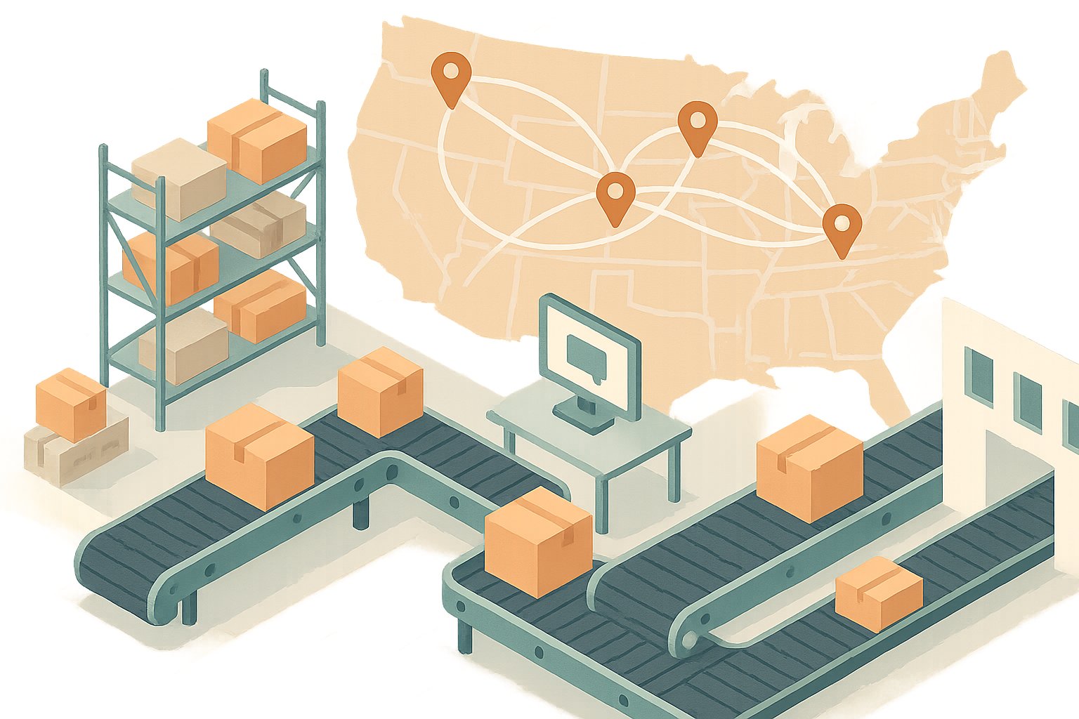 3PLs improve customer communication, depicted by a network of interconnected people and packages flowing efficiently