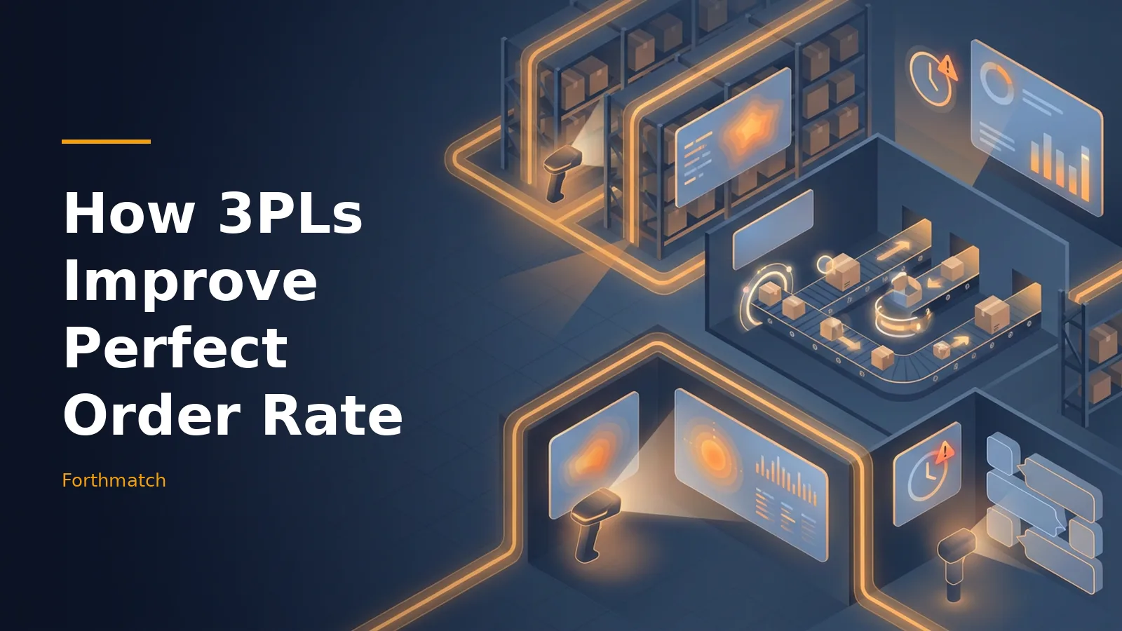 Isometric dark blue automated warehouse with glowing orange conveyor belts, barcode scanners, and screens. Overlaid text reads “How 3PLs Improve Perfect Order Rate” with the Forthmatch wordmark.