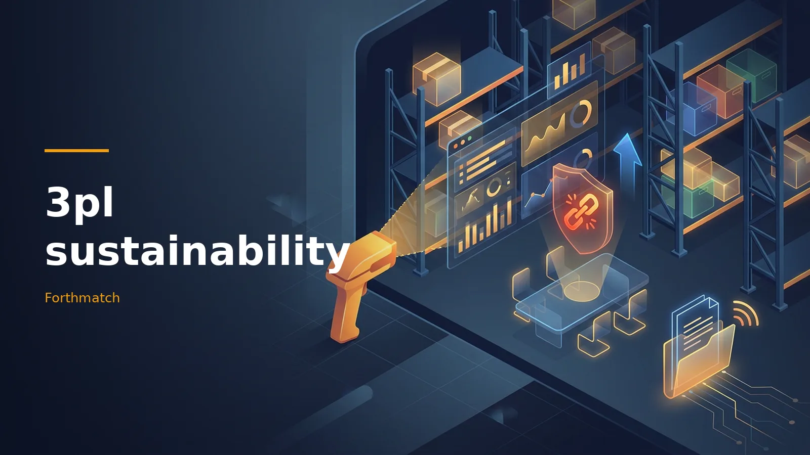 3pl sustainability dark blue isometric warehouse with orange scanner, shelves, and digital dashboards. Overlaid text reads “3pl sustainability”.