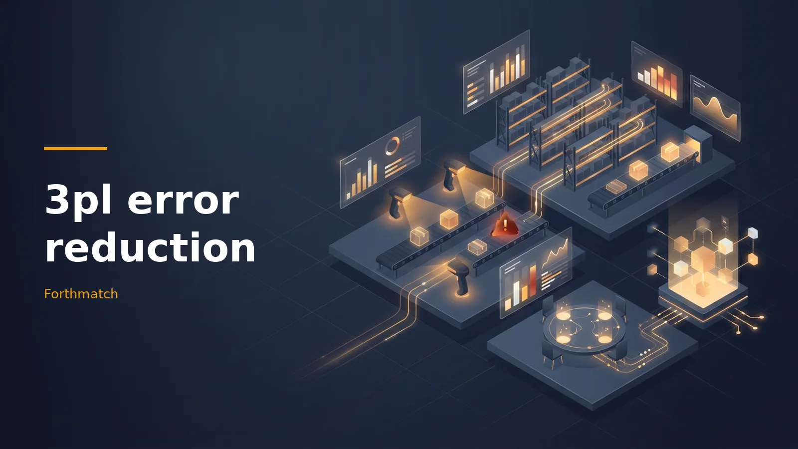 Dark blue isometric warehouse with a red alert icon for 3pl error reduction on glowing conveyor belts. Overlaid text reads “3pl error reduction” with the Forthmatch wordmark.