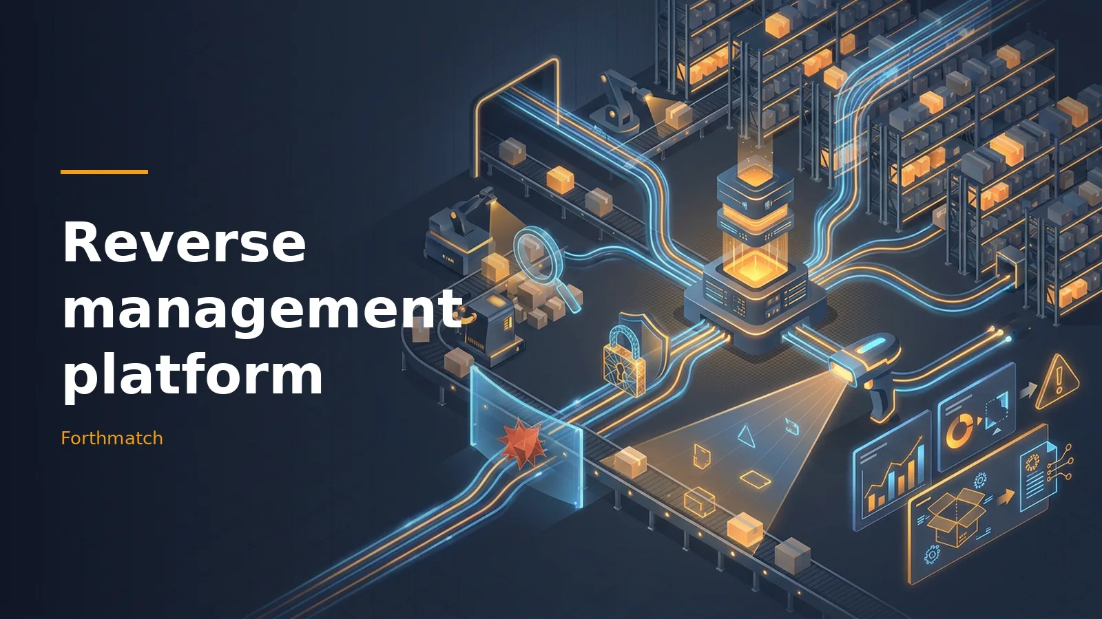 Dark blue isometric warehouse scene with glowing orange server, conveyor belts, scanner and packages. Overlaid text reads “Reverse management platform” with the Forthmatch wordmark.