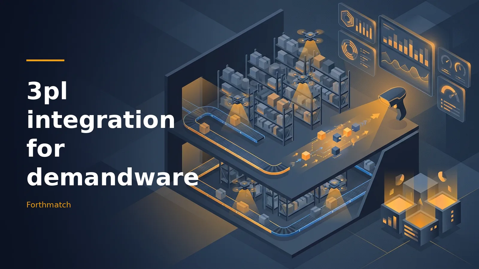 Dark blue isometric warehouse with drones scanning boxes on conveyor belts and glowing orange dashboards. Overlaid text reads “3pl integration for demandware” with the Forthmatch wordmark.