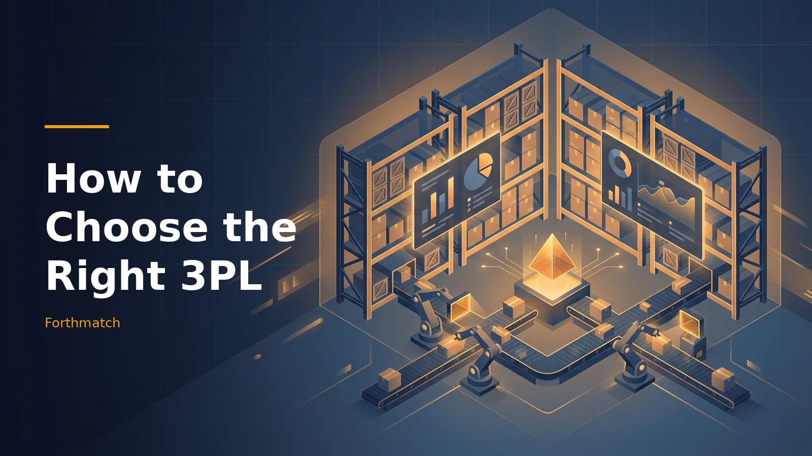 Isometric dark blue and gold warehouse with robotic arms, conveyor belts, shelves, and glowing dashboards. Overlaid text reads “How to Choose the Right 3PL” with the Forthmatch wordmark.
