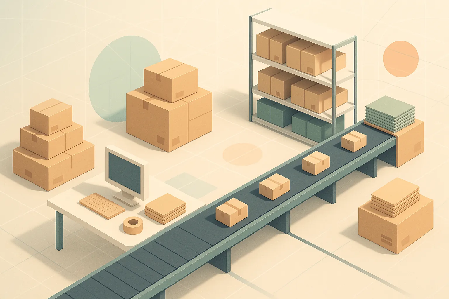 Reducing packaging waste in fulfillment, an abstract illustration shows hands sorting boxes and recycling symbols