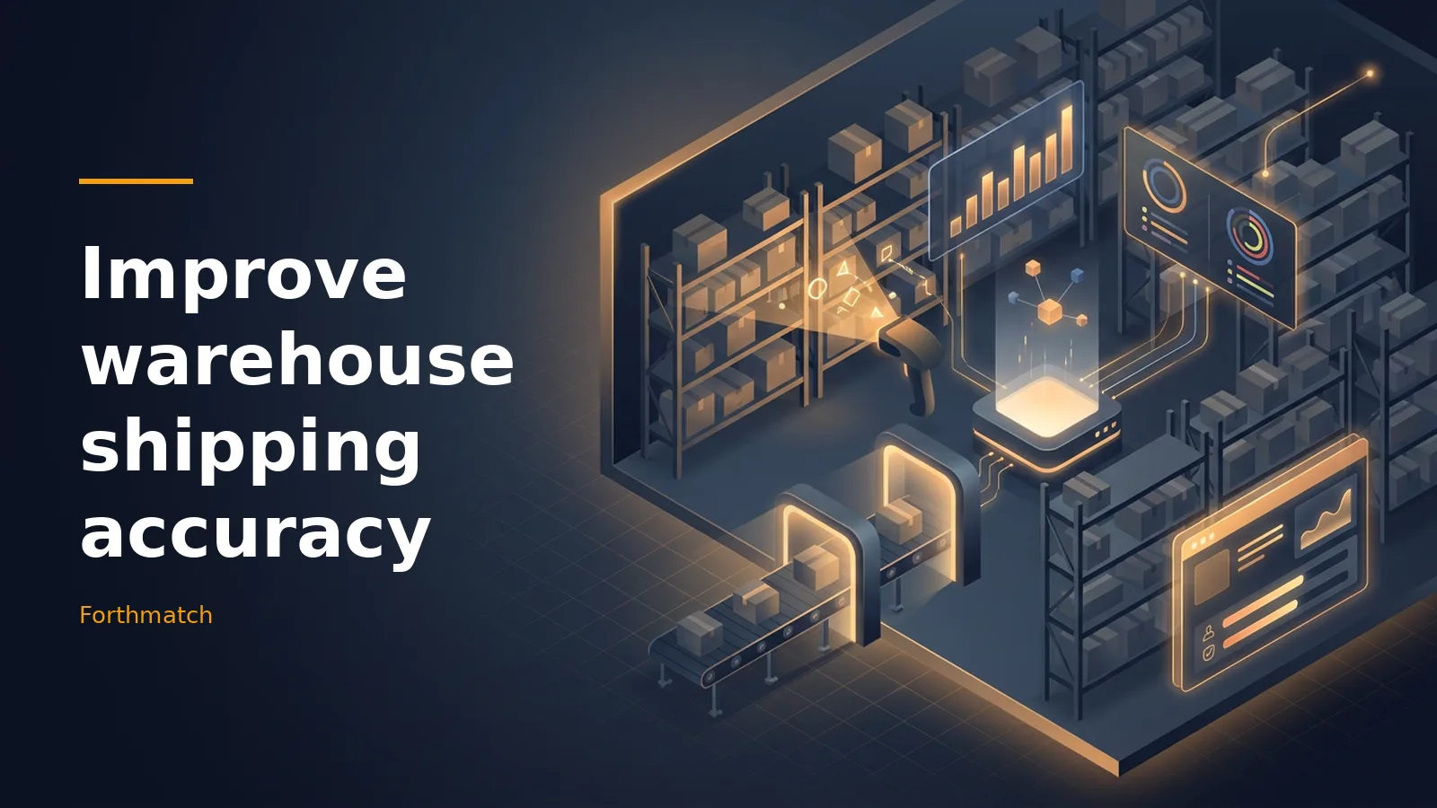 Dark blue and glowing orange isometric warehouse with shelves, packages, and digital dashboards. Overlaid text reads “Improve warehouse shipping accuracy”.