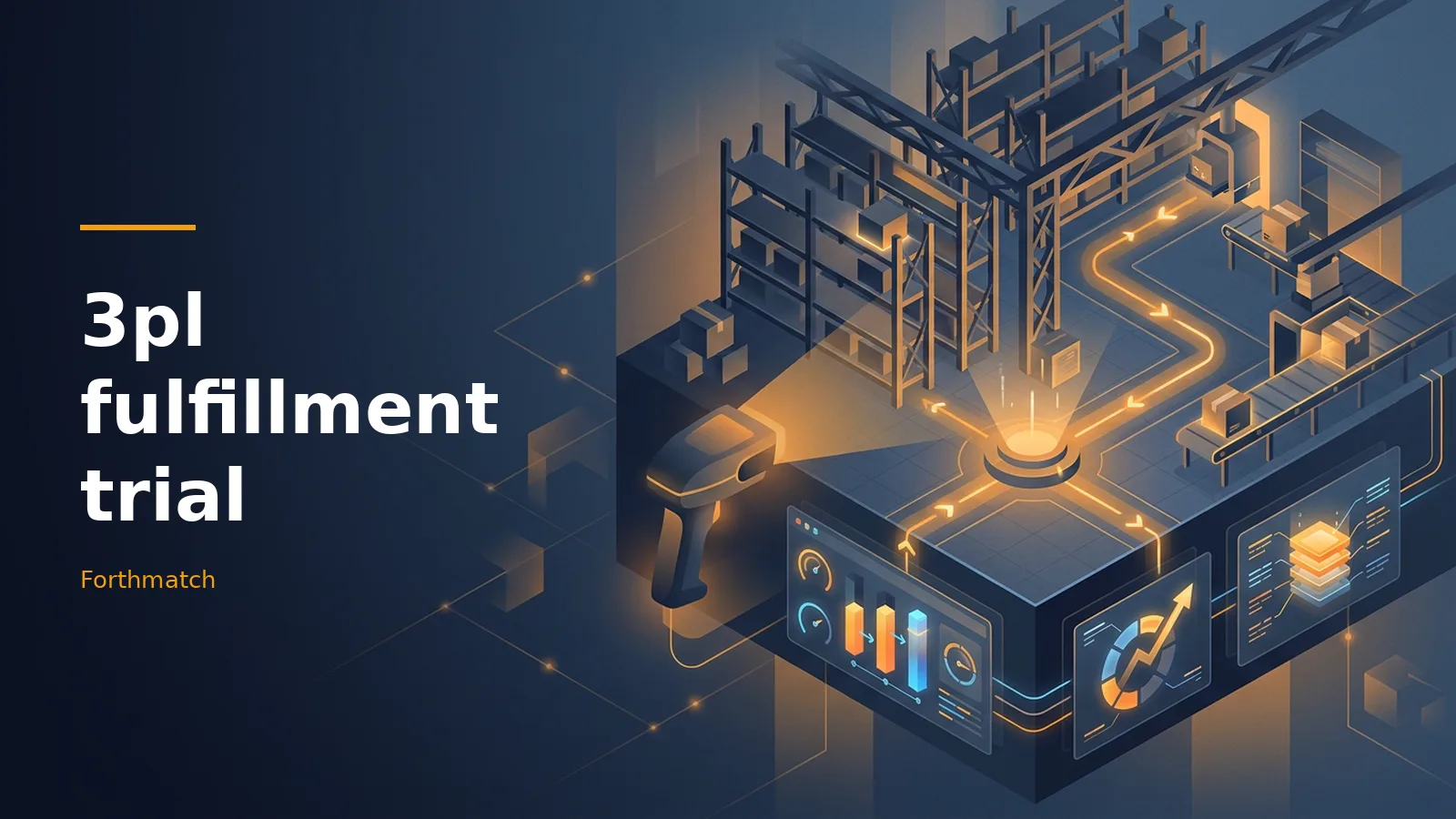 Isometric dark blue warehouse with glowing orange pathways, barcode scanner, and data dashboards. Overlaid text reads “3pl fulfillment trial” with the Forthmatch wordmark.