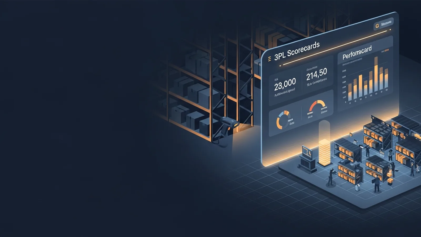Warehouse worker reviewing tablet data amid organized inventory shelves with warm amber lighting highlighting operations