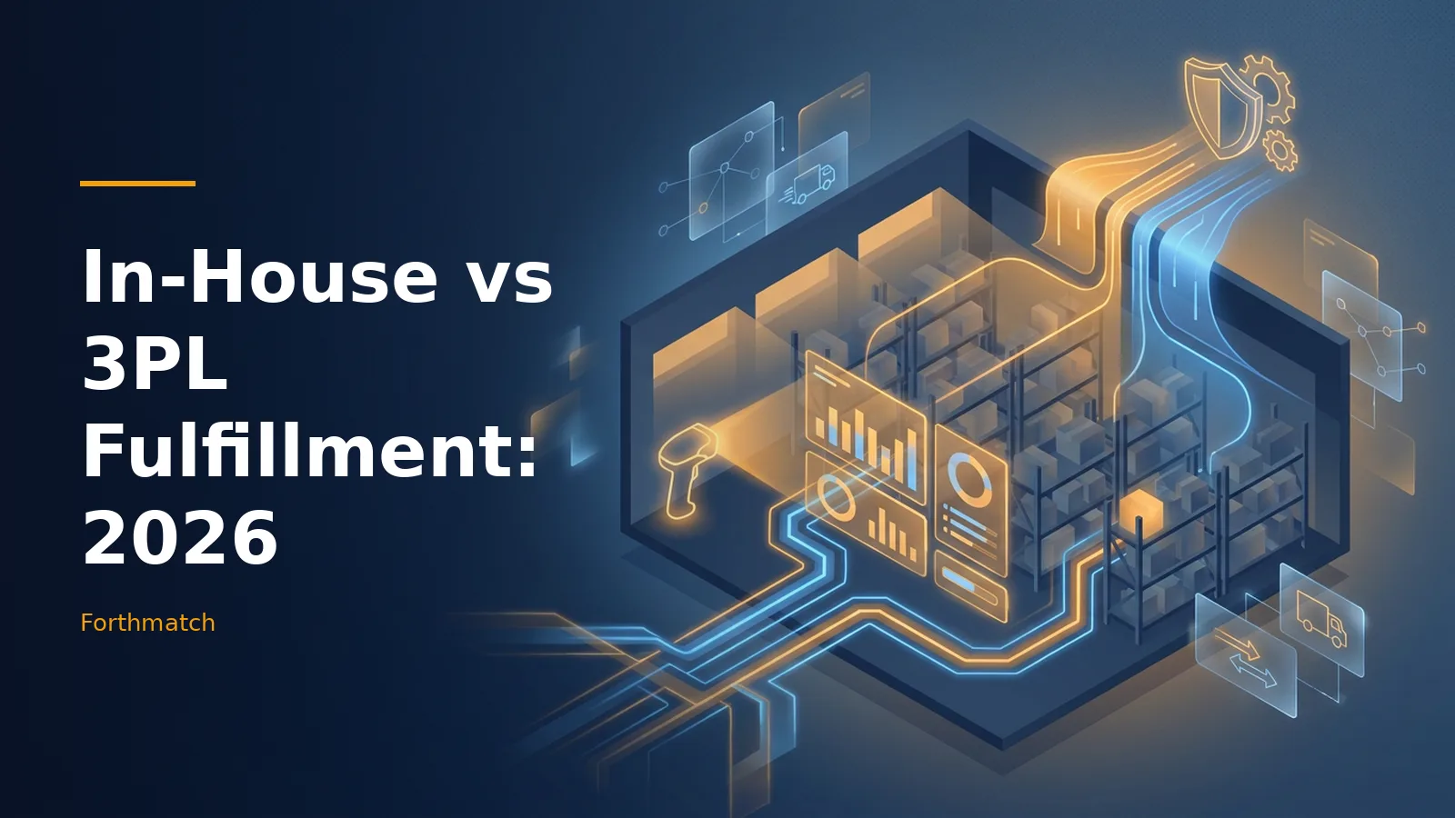 Dark blue isometric warehouse with glowing orange and blue digital pathways and shelves. Overlaid text reads “In-House vs 3PL Fulfillment: 2026”.