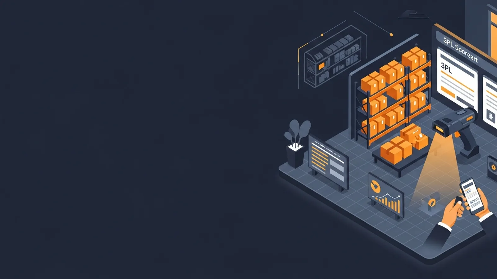 Modern warehouse interior with amber lighting highlighting automated logistics technology and organized inventory systems
