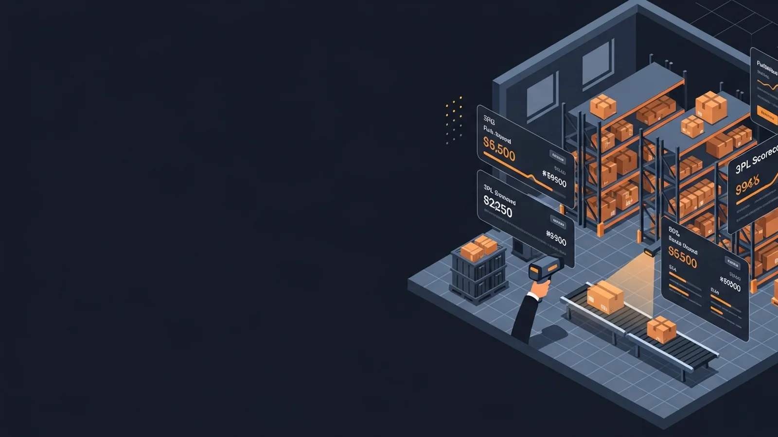 Warehouse worker scanning packages with digital device amid organized shelving bathed in warm amber lighting