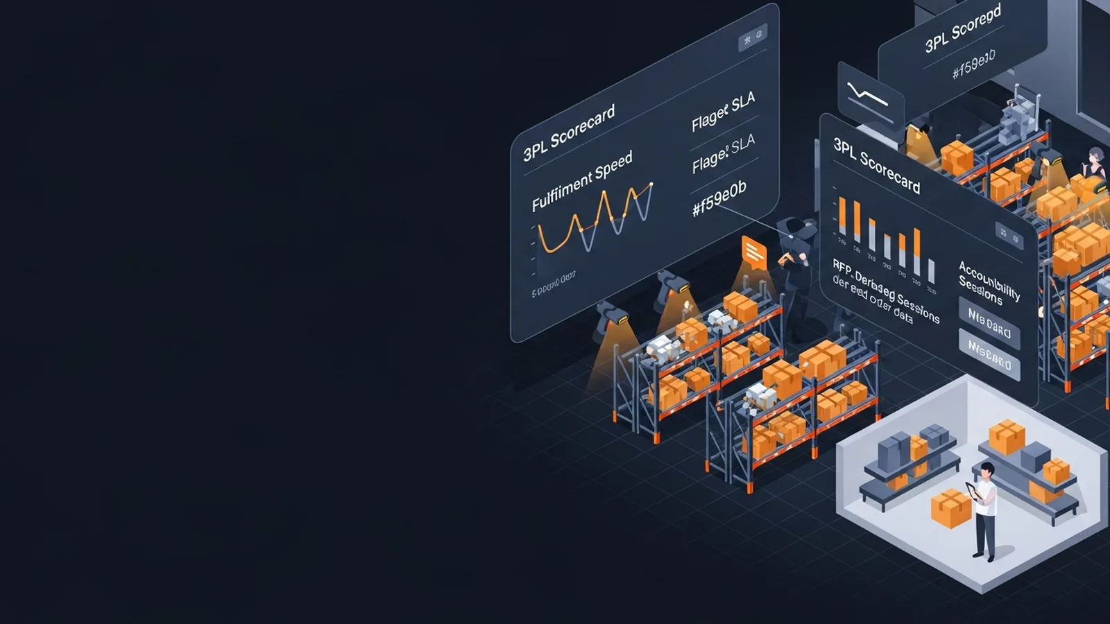 Modern warehouse interior with robotic systems and amber lighting highlighting organized inventory and logistics technology