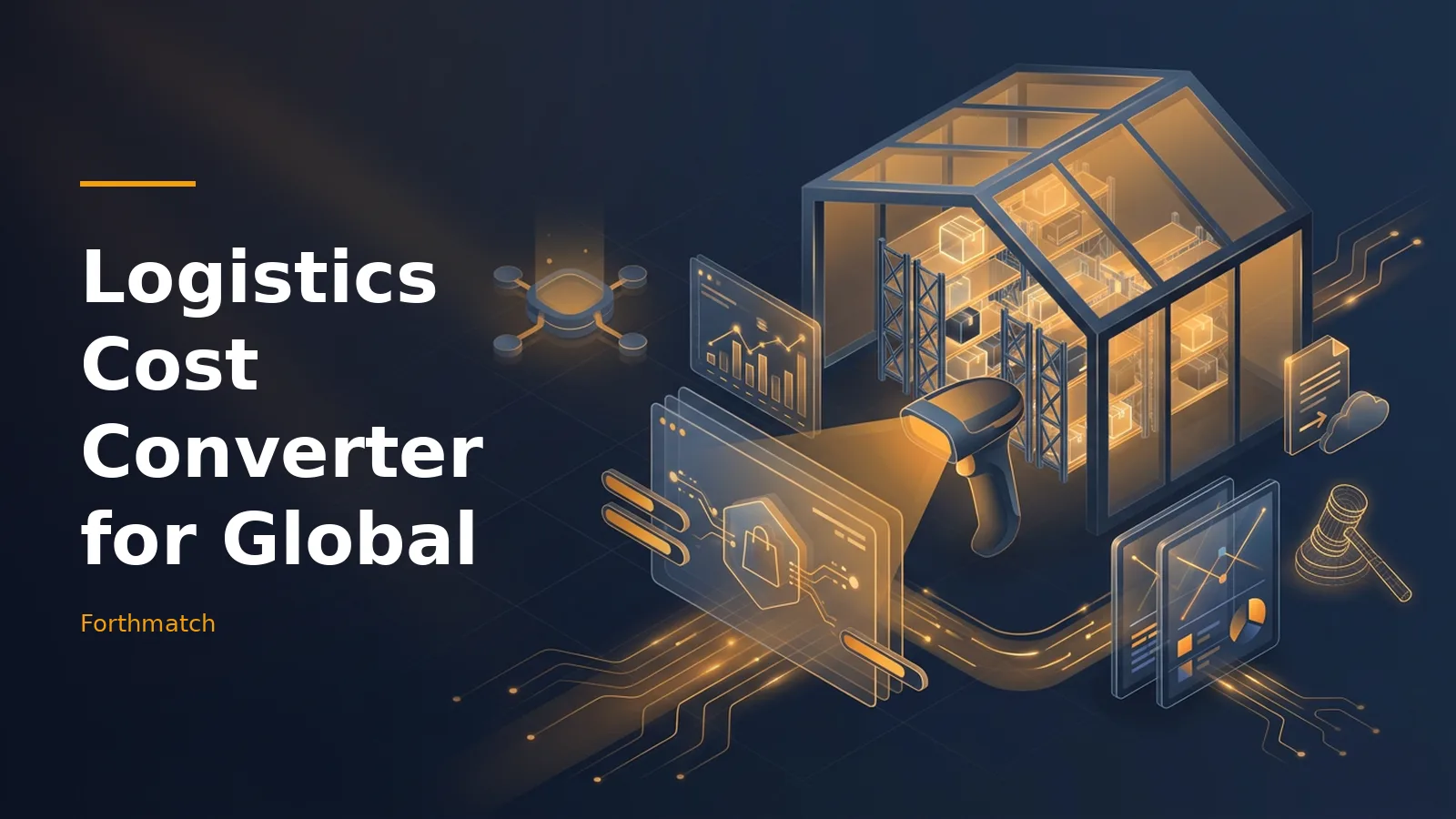 Isometric glowing orange warehouse with a barcode scanner and digital data screens on a dark blue grid. Overlaid text reads “Logistics Cost Converter for Global” with the Forthmatch wordmark.
